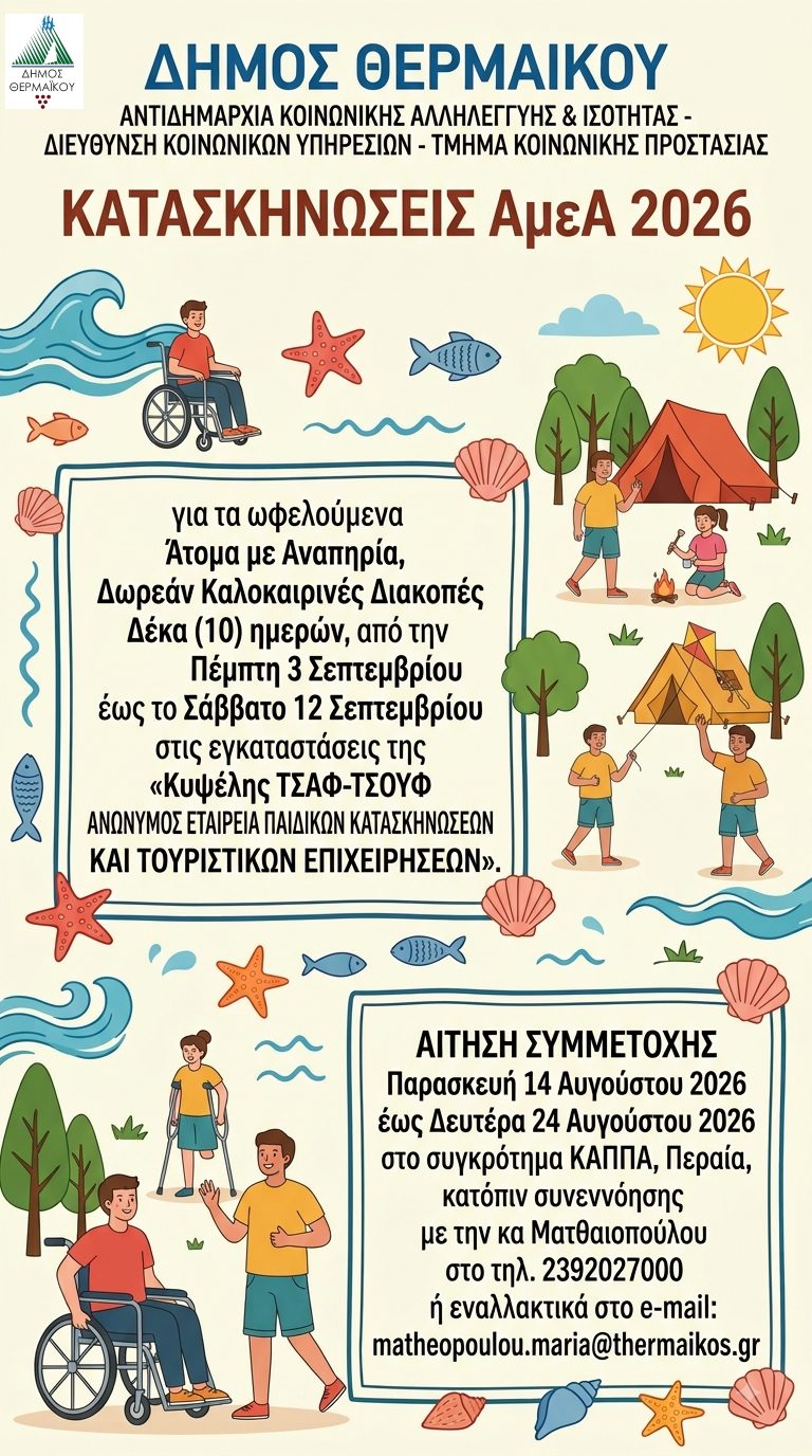 ΔΩΡΕΑΝ ΚΑΛΟΚΑΙΡΙΝΕΣ ΔΙΑΚΟΠΕΣ ΓΙΑ ΑμεΑ ΑΠΟ ΤΟΝ ΔΗΜΟ ΘΕΡΜΑΪΚΟΥ