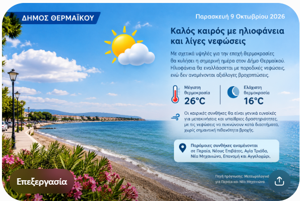 Καλός καιρός με ηλιοφάνεια και λίγες νεφώσεις στον Δήμο Θερμαϊκού